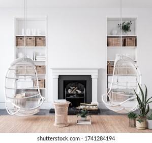 Cozy White Living Room Interior With Swings Near Fireplace, Wall Mockup, 3d Render