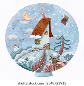 A cozy winter cottage inside a snow globe, surrounded by snowy trees, a picket fence, a snowman, playful birds, a sleeping moon, a flying book, deer with candy, bunnies and an apple in a hat. - Powered by Shutterstock