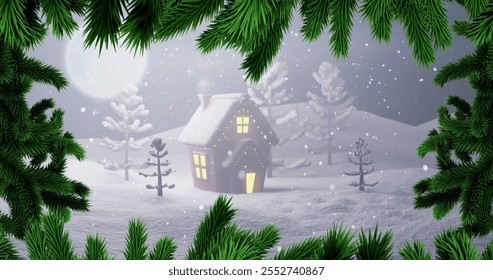 A cozy winter home nestled in snow, framed by pine branches. The warm glow from the windows suggests a serene holiday atmosphere in this chilly outdoor setting. - Powered by Shutterstock