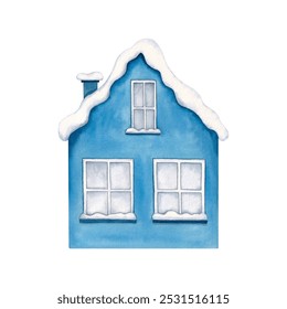 Cozy winter house with a snow-covered. Watercolor hand drawn illustration isolated on a white background. Winter cottage. - Powered by Shutterstock