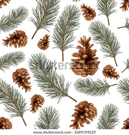 Cozy winter-themed seamless pattern with pine branches and cones. Autumn pattern. Watercolor. Autumn still life. Children's illustration. Suitable for books, packaging, cards, and children's clothing