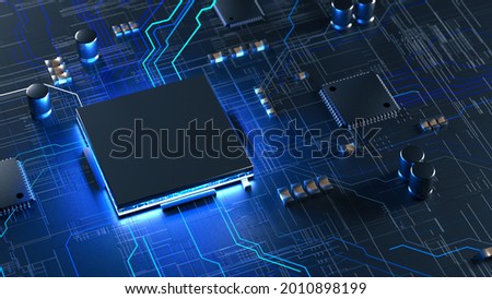CPU Central Computer Processors with Circuit board concept. AI, mobile processor. 3d render illustration