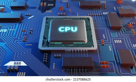 CPU Chip On Circuit Board Illustration, 3d Rendering