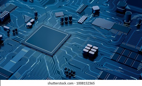 CPU Chip On Motherboard - Abstract 3D Render Of A Computer Processor Chip On A Circuit Board With Microchips And Other Computer Parts