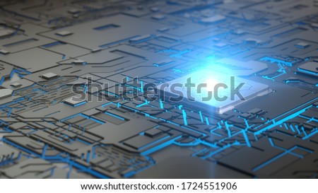 cpu concept with glowing abstract lines and light beam on processor. suitable for computer, technology and futuristic themes. 3D illustration