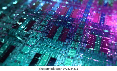 CPU, GPU-Chip auf Silizium-Wafer. Zentrale Verarbeitungseinheit, CPU oder Grafik-Chip-Einheit, GPU-Konzept. Futuristischer Mikrochip-Prozessor mit Glühbirnen. 3D-Rendering