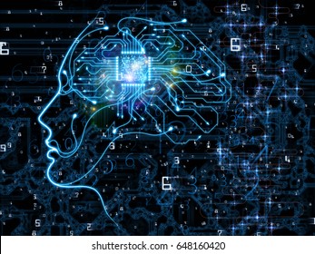 CPU Mind series. Backdrop of human face silhouette and technology symbols on the subject of computer science, artificial intelligence and communications