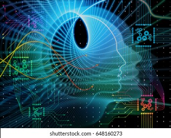 CPU Mind series. Background design of human face silhouette and technology symbols on the subject of computer science, artificial intelligence and communications