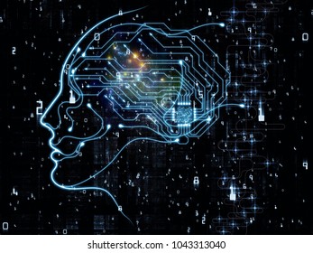 CPU Mind Series. Interplay Of Human Face Silhouette And Technology Symbols On The Subject Of Computer Science, Artificial Intelligence And Communications