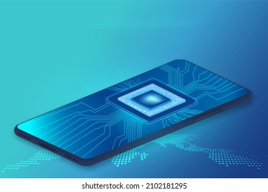 CPU of phone. Microchip, smd electronic components of mobile device on circuit board or motherboard. Digital Processor. Engineering and develop electronic microcontroller. 3d illustration.