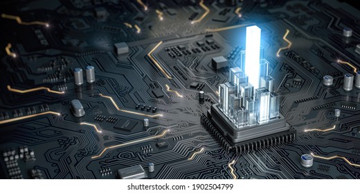 CPU Processor With Graph From Crystales On The Circuit Board Motherboard. Compare Of Speed Level And Cooling Of CPU Information Technology Concept. 3d Illustration