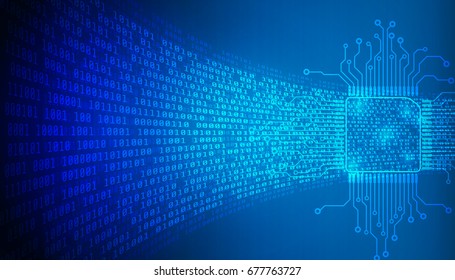 CPU Technology With Decryption And Encryption Binary Number Code Illustrator Background. Blue Abstract Digital Microprocessor With Electronics Circuit Board Pad System.