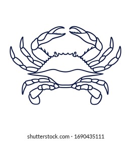 Crab In Navy Blue Color. Blue Crab On White Background. Logo Design, Symbol Or Icon In Simple Flat Style. Linear Drawing Of A Crab. Illustration.