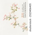 Crab-apple blossom (1656) vintage Chinese painting by Xiang Shengmo. Chinese styled flower. Vintage blossom botanical flower floral art drawing illustration, old Chinese flower painting art print.