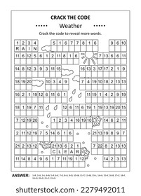 Crack the code word game, or codebreaker word puzzle, with various weather related words and phrases. Answer included.
