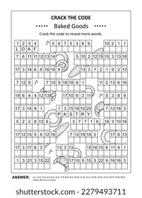 Crack the code word game, or codebreaker word puzzle, with various baked goods words and phrases. Answer included.
