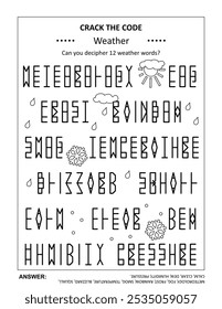 Crack the code word game, or codebreaker word puzzle, with various weather related words and mirrored letters cipher. Answer included.
