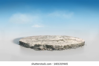 Crack Concrete Floor Isolated In 3D Illustration Circle Cross Section,  Stone Ground In Round Cutaway Blue Sky