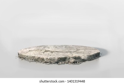 Crack Concrete Floor Isolated On White 3D Illustration Circle Cross Section,  Stone Ground In Round Cutaway