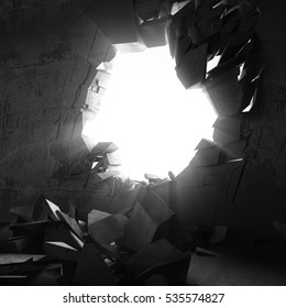 Cracked Big Hole In Broken Concrete Wall To Light. 3d Render Illustration