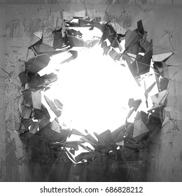 Cracked Big Hole In Broken Concrete Wall To Light. 3d Render Illustration