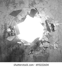 Cracked Big Hole In Broken Concrete Wall To Light. 3d Render Illustration