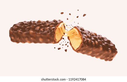 Cracked chocolate bar with caramel Crispy snack wafer with Clipping path 3d illustration.