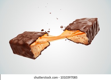 Barra de chocolate con caramelo, sabor dulce, wafer crujiente, con ilustración 3d de la trayectoria de recorte.