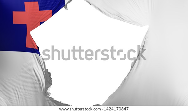 Cracked\
Christian flag, white background, 3d\
rendering