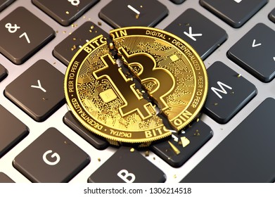 Cracked Or Damaged Bitcoin Is Laying On Keyboard. Paying Ransom With Bitcoin Concept. 3D Rendering