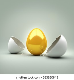 A Cracked Egg Revealing A New Golden Egg. 3D Illustration