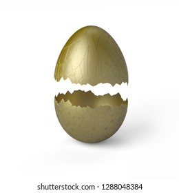 Cracked Gold Egg Shell Isolated On White Background. 3d Illustration. 