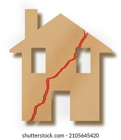 Cracked house icon - concept image with a building with a deep crack in the wall  