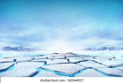  Cracked Ice Floe Floating On Blue Water Mountain Lake, Seasonal Winter Landscape Digital Illustration