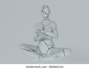 Cracked Statue Of A Woman Sitting In A Lotus Pose. Surreal 3D Illustration.