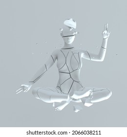 Cracked Statue Of A Woman Sitting In A Lotus Pose. Surreal 3D Illustration.