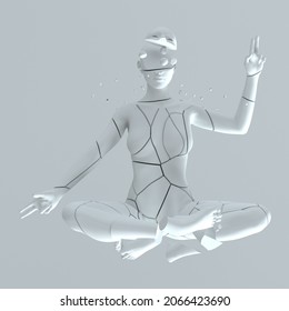 Cracked Statue Of A Woman Sitting In A Lotus Pose. Surreal 3D Illustration.