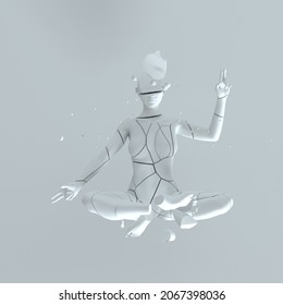 Cracked Statue Of A Woman Sitting In A Lotus Pose. Surreal 3D Illustration.