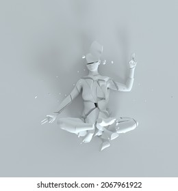 Cracked Statue Of A Woman Sitting In A Lotus Pose. Surreal 3D Illustration.