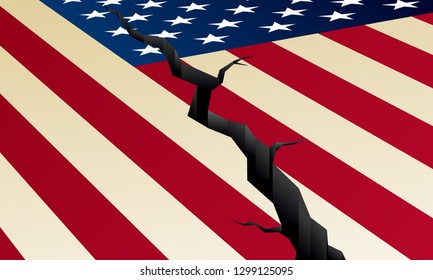 Cracked US Flag, Political Divisions In America, Template Illustration