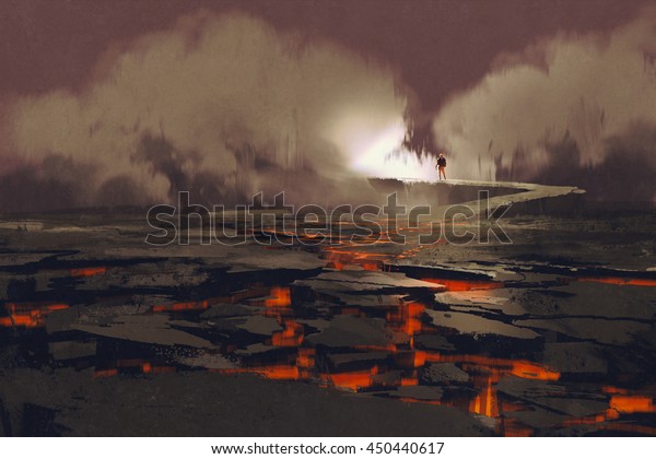 マグマで地面に割れ目 岩橋を煙で歩く人 火山性の風景 イラトス絵 のイラスト素材