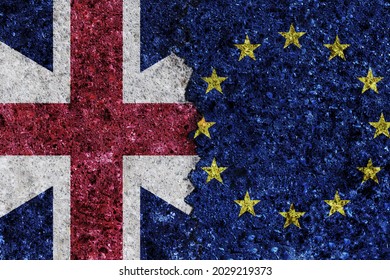 Cracks In The Grunge Texture Wall. Flags: Great Britain, European Union. Brexit