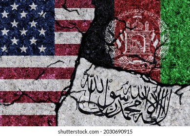 Cracks In The Texture Wall. Flags: USA, Afghanistan, Taliban. Islamic Emirate Of Afghanistan Flag. Afghanistan Civil War