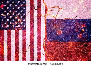 Cracks In The Texture Wall And Lava Flows Behind. Flags: USA Vs Russia. United States Of America And Russia Cold War