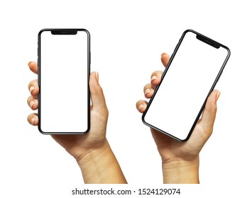 Cracow, Malopolskie / Poland - October 07 2019: Woman Hand Holding IPhone 11. The Black Apple IPhone 11 Pro With Blank Screen Template - Modern Frameless Design