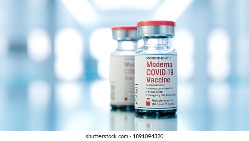 Cracow, Malopolskie Poland - October 10 2021: Moderna Inc mRNA type COVID-19 vaccine. 3d rendering