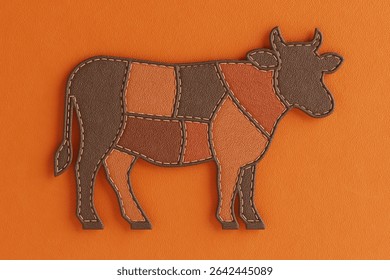 Craft And Farm Concept. Patchwork Cow Silhouette Made Of Leather Textures In Brown And Orange Tones On an Ornage Leather Background. 3d Rendering
