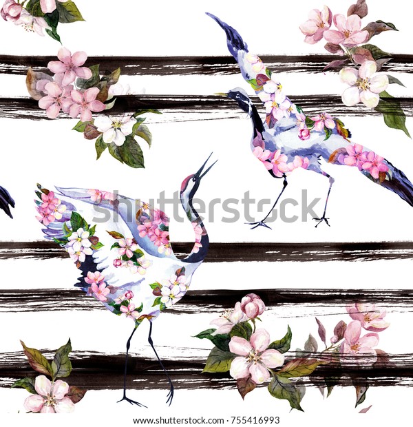 白黒のストライプの背景にクレーンの鳥とピンクの春の花 シームレスな花柄と桜 リンゴの花 黒い縞のある春の水色 のイラスト素材