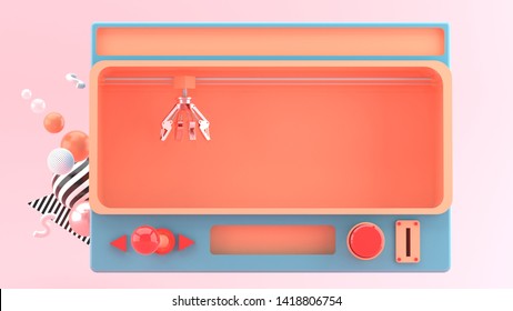Crane Claw Machine Games Isolated on pink background. 3D rendering 