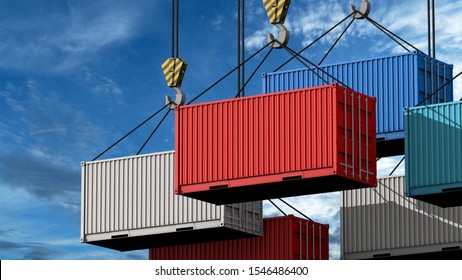 Crane Hook With A Cargo Container For Text, 3d Rendering